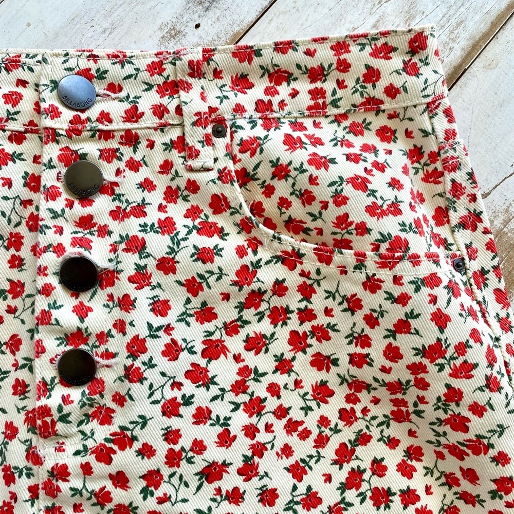 Billabong Red Floral Mini Skirt with Black Buttons